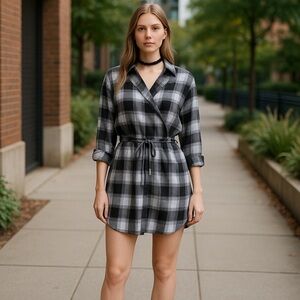Hummingbird Women’s Small Black Mini Plaid Wrap Around Dress High Low Pockets